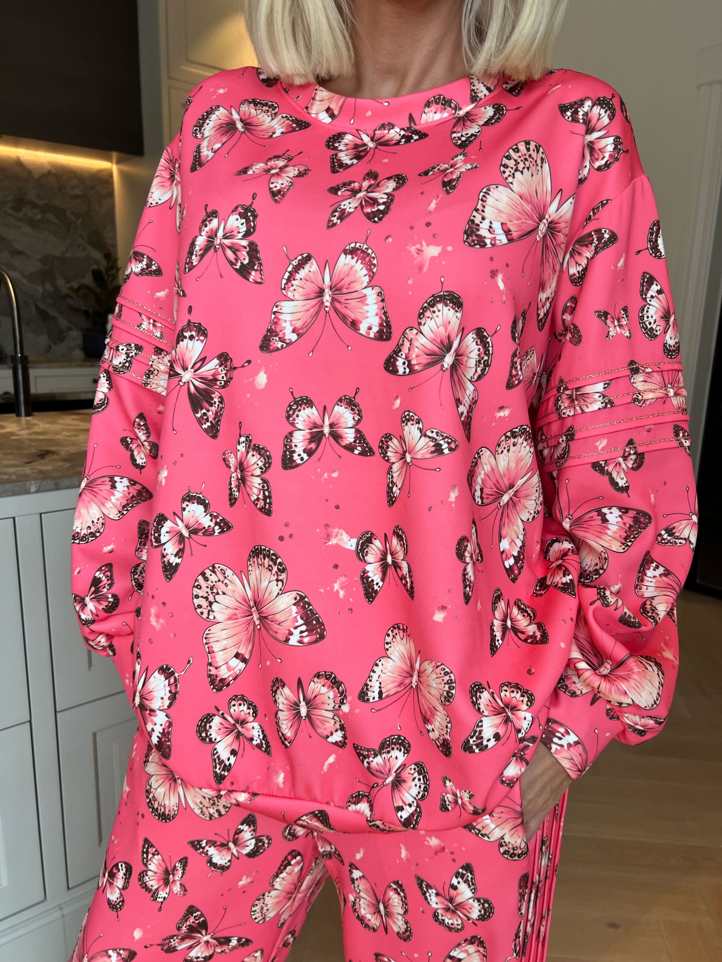 Dream Butterfly - Joggingsæt i viskose med sommerfugleprint, gulddetaljer og ribkanter
